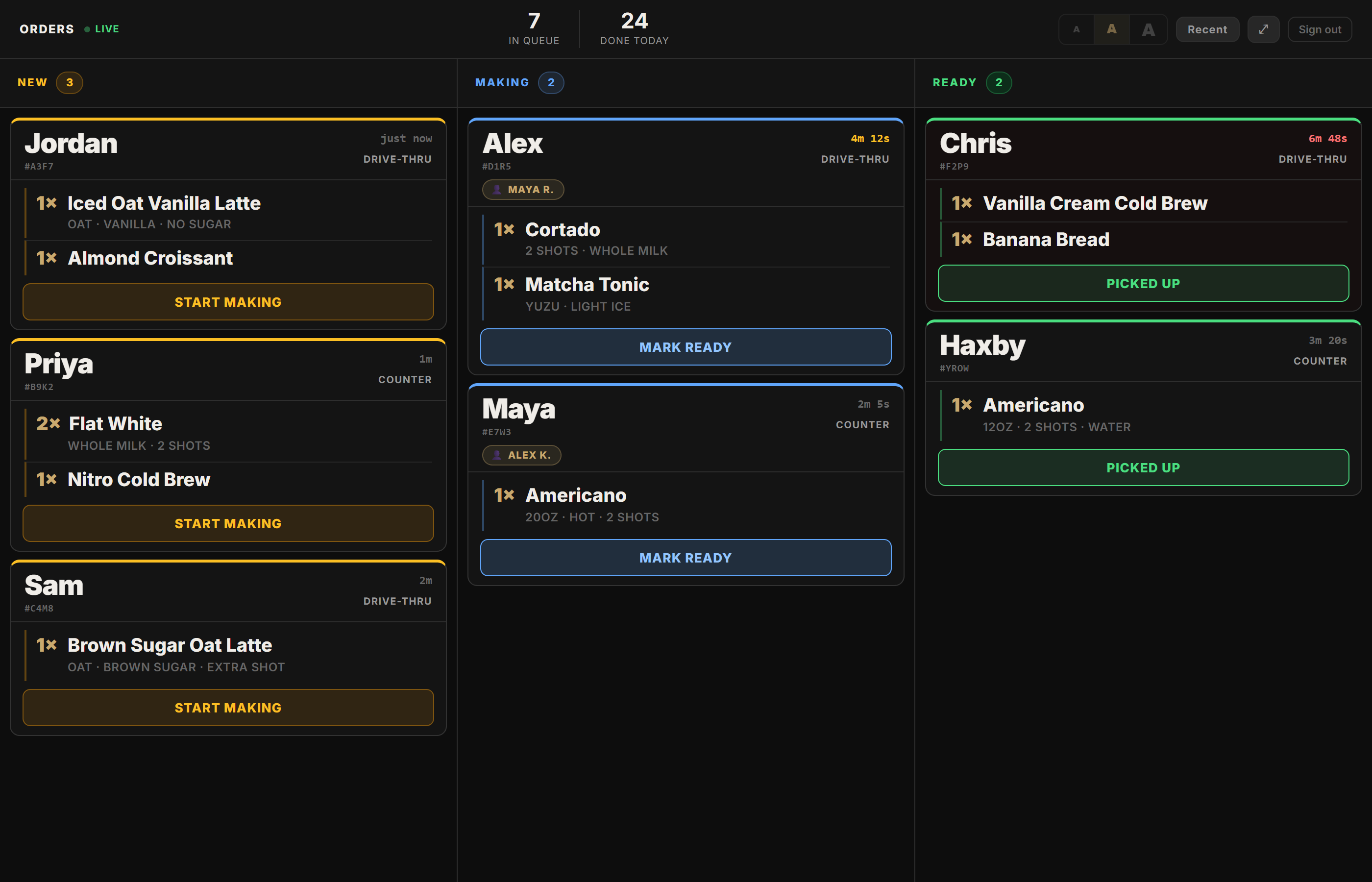 Live order board