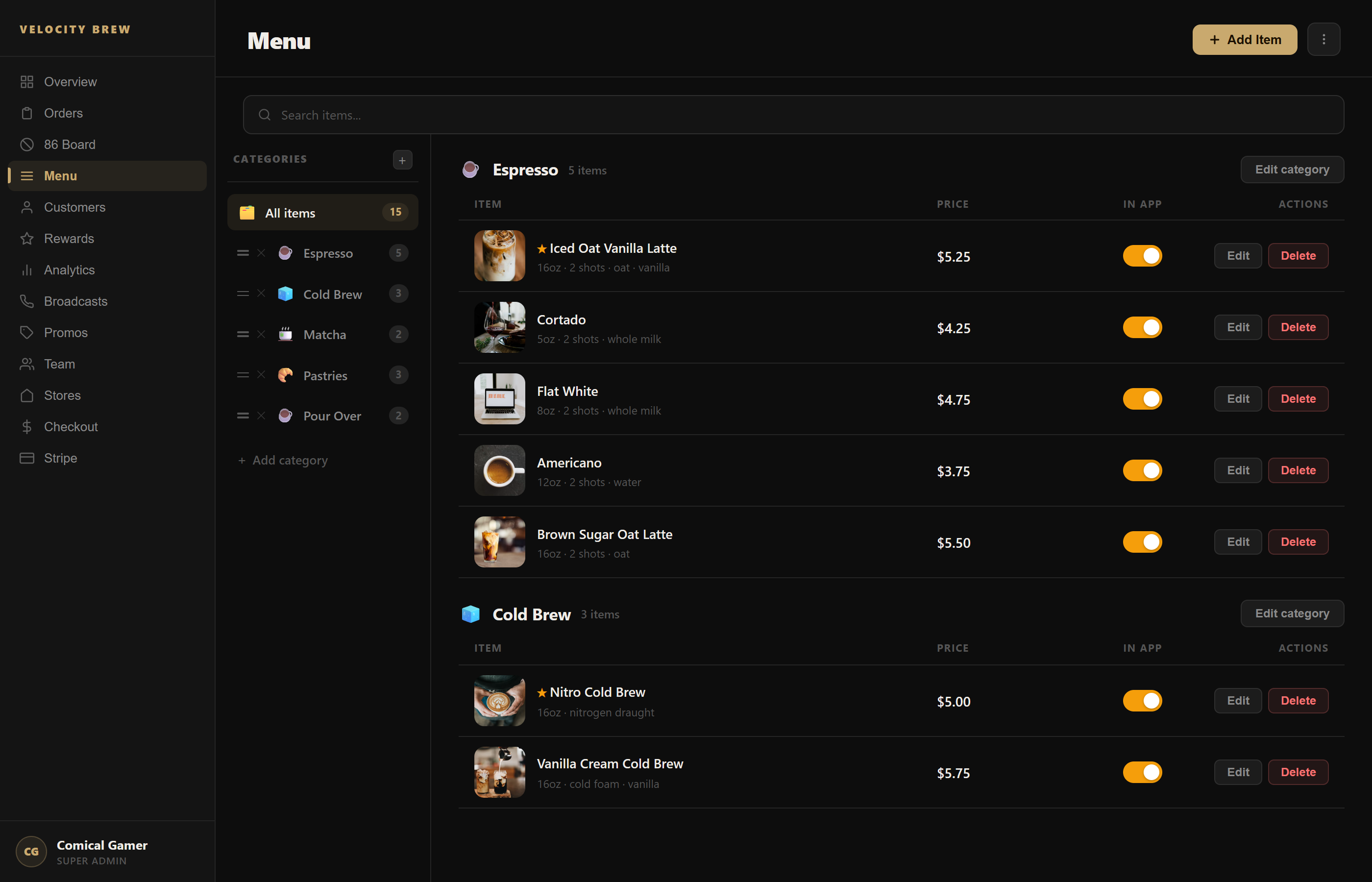 Menu dashboard